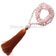 Hand Knotted Pink Crystal Stone Mala Beaded Yoga Tassel Necklace